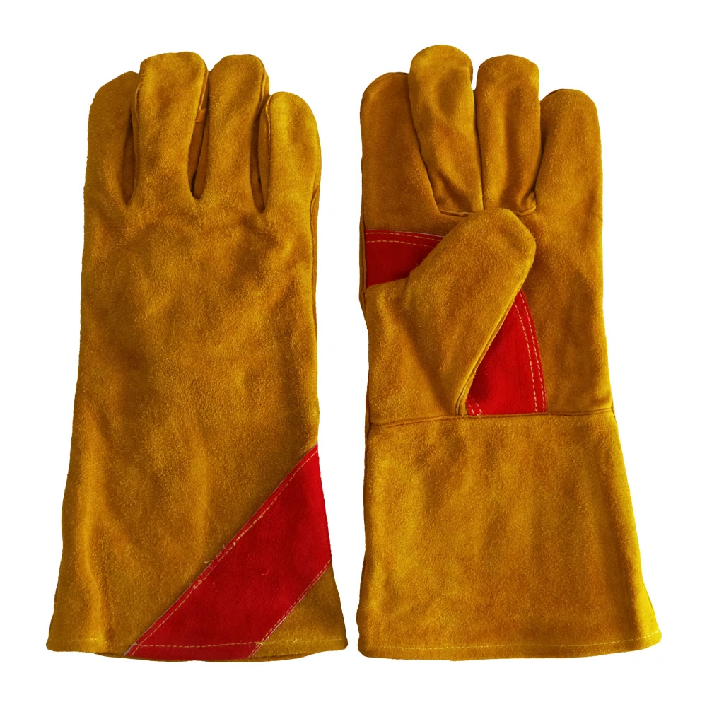Brown and red double palm Cow Split industry Leather Welding Gloves