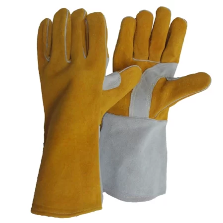Fireproof 14 inch yellow and white double palm Leather Welding Gloves