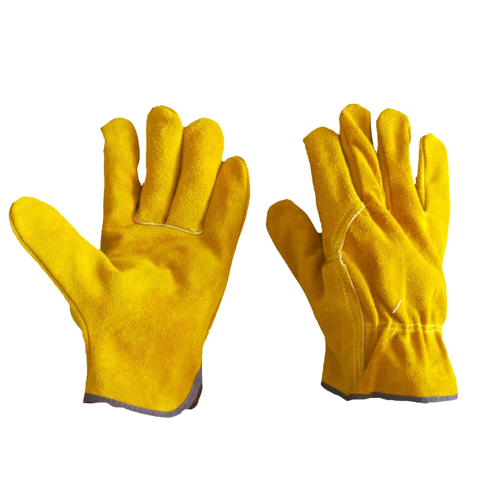 gold split cowhide men's women garden working durable gloves with Shirred elastic back