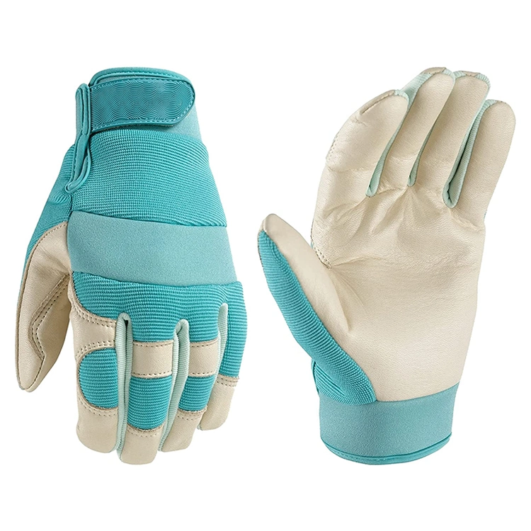 Heavy duty durable water-resistant breathable durability spandex back  leather work/gardening gloves with adjustable wrist 
