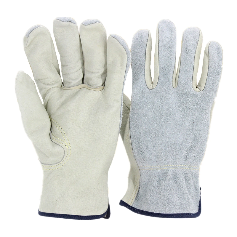 Short Safety Work White Sheep Skin and grey Cow Split Leather Gloves