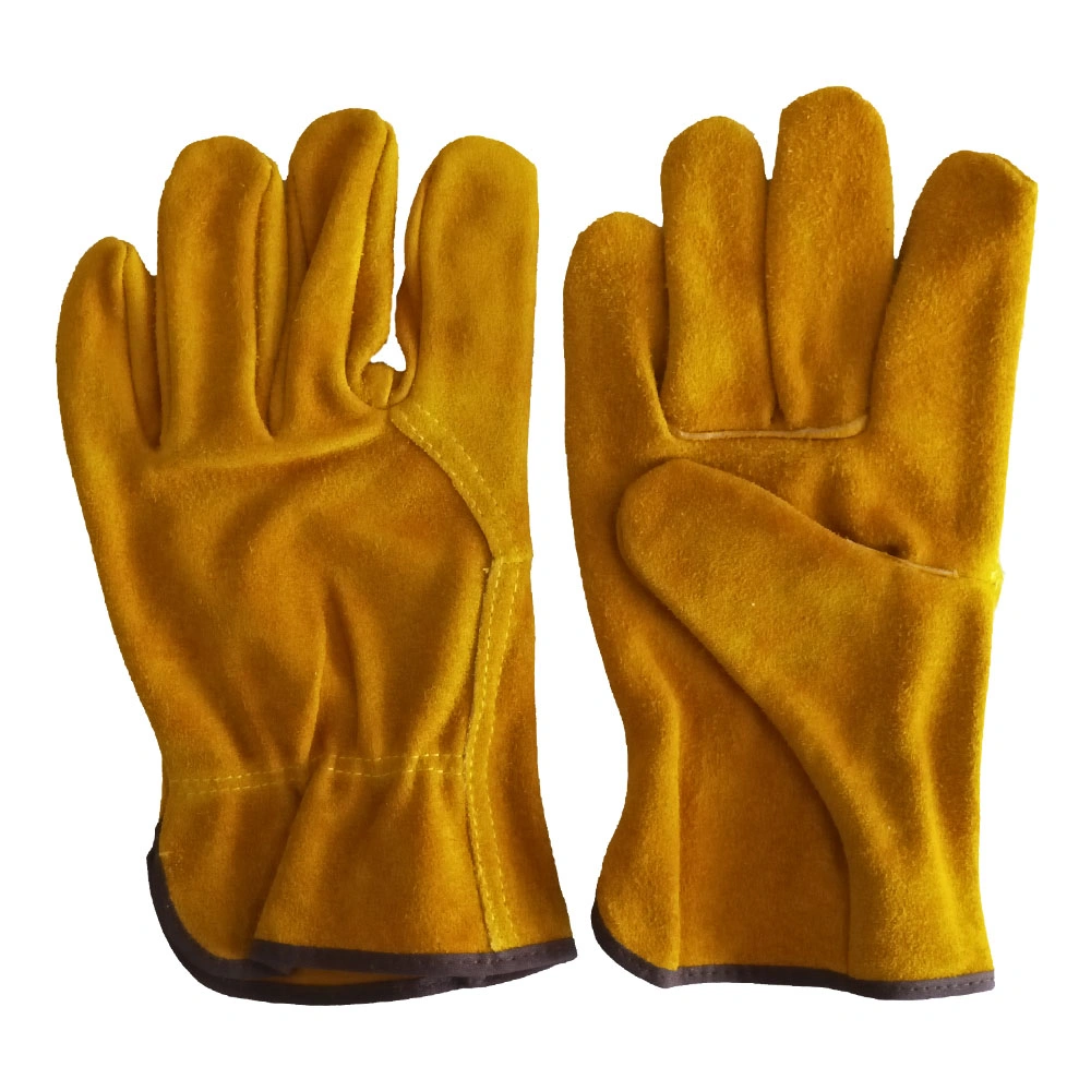 Yellow Cow split Leather Welding Drivers gloves Welding Gloves with Brown Cloth Binding